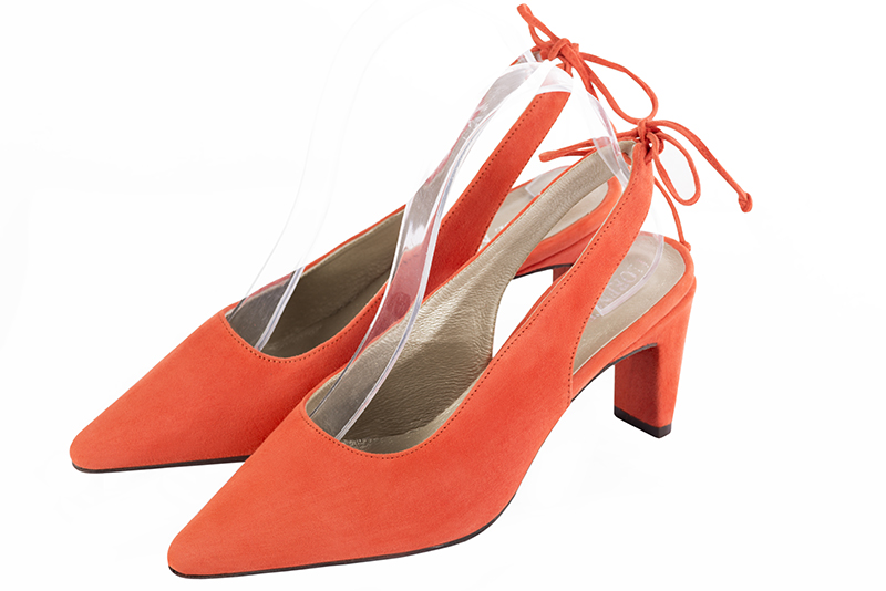 Clementine orange women's slingback shoes. Pointed toe. Medium comma heels. Front view - Florence KOOIJMAN